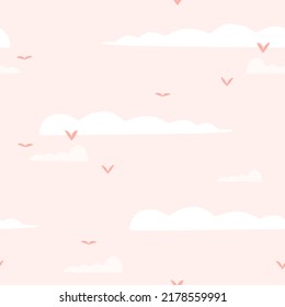 Hand drawn vector abstract graphic clipart illustrations seamless pattern of composition with abstract boho shapes of clouds and pink sky with flying birds.Modern magic nature design.Botanical garden.