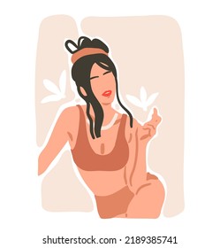 Hand drawn vector abstract graphic contemporary aesthetic fashion illustration with bohemian,beautiful modern summer beach woman portrait in simple trendy minimal style isolated.Modern woman design.