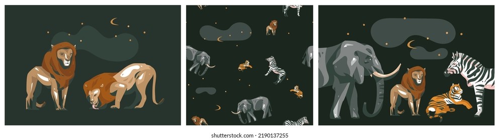 Dibujo manual vectorial abstracto gráfico moderno animales de la sabana del safari imprimir y colección de patrones en el fondo del color.Diseño de animales animales de animales de clipart.Concepto de naturaleza silvestre.Conjunto de ilustraciones de animales.