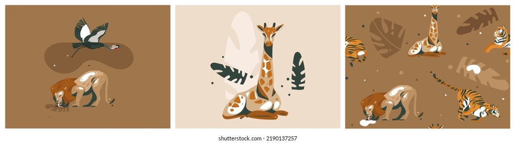 Hand drawn vector abstract graphic modern safari savanna animals print and pattern collection set on color background.Animals wildlife clipart design.Wild nature concept.Cute animals illustration set.