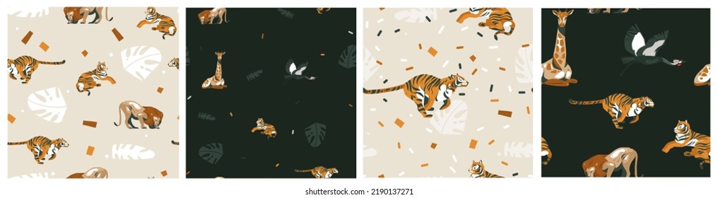 Hand drawn vector abstract graphic modern safari savanna animals print and pattern collection set on color background.Animals wildlife clipart design.Wild nature concept.Cute animals illustration set.