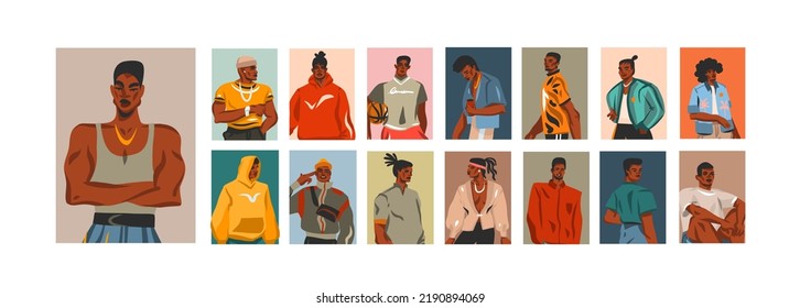 Colección de ilustraciones gráficas abstractas de vector dibujado a mano con el retrato de avatares de estilo de vida del grupo de hombres de belleza norteamericanos jóvenes felices, estilo boho de verano. La gente se enfrenta al diseño del concepto de avatar.