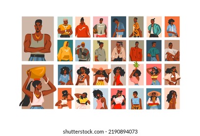 Hand drawn vector abstract graphic illustrations collection set with young happy american beauty women and men group lifestyle avatar,summer boho style.People face avatar concept design.