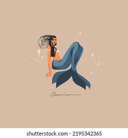 Hand drawn vector abstract graphic astrology illustration with modern, contemporary print template of boho zodiac sign Capricorn.Zodiac adult female character design.Fashion magic symbol concept.