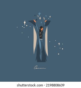 Hand drawn vector abstract graphic astrology illustration with modern,artistic contemporary print template of boho zodiac sign Cancer.Zodiac adult female character design.Fashion magic symbol concept.