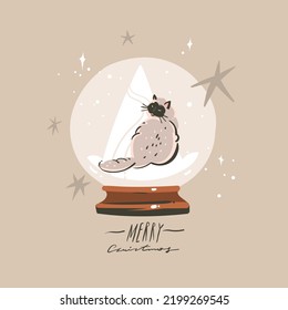 Hand Drawn Vector Abstract Graphic Merry Christmas And Happy New Year Clipart Illustration Of Cat Character.Cat In Snow Globe.Merry Christmas Cute Animals Card Design Background.Winter Holiday Art.