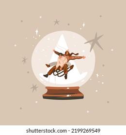 Hand drawn vector abstract graphic Merry Christmas and Happy new year illustration of couple characters.People in snow globe.Merry Christmas cute people card design background.Winter holiday art.