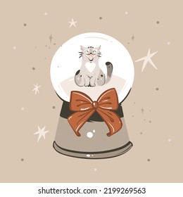 Hand Drawn Vector Abstract Graphic Merry Christmas And Happy New Year Clipart Illustration Of Cat Character.Cat In Snow Globe.Merry Christmas Cute Animals Card Design Background.Winter Holiday Art.