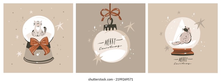 Hand drawn vector abstract graphic Merry Christmas and Happy new year clipart illustration of cat character cards collection set.Merry Christmas cute animals card design background.Winter holiday art.