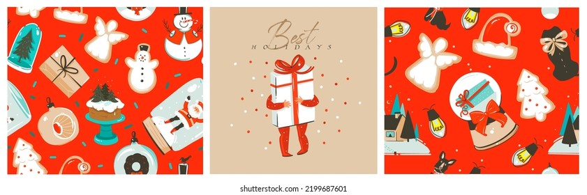 Hand drawn vector abstract graphic Merry Christmas and Happy New Year cartoon,illustrations seamless patterns collection set with Santa Claus,gift box and Christmas tree.Christmas background design.