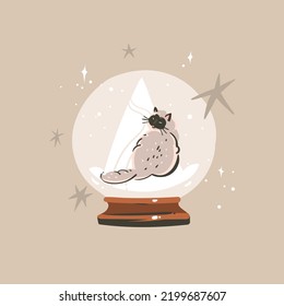 Hand Drawn Vector Abstract Graphic Merry Christmas And Happy New Year Clipart Illustration Of Cat Character.Cat In Snow Globe.Merry Christmas Cute Animals Card Design Background.Winter Holiday Art.