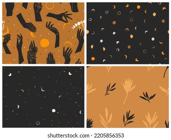 Hand drawn vector abstract graphic illustration seamless pattern collection set with magic astrology celestial golden moon phases,sun and star,contemporary mystic and simple collage shape.Moon design