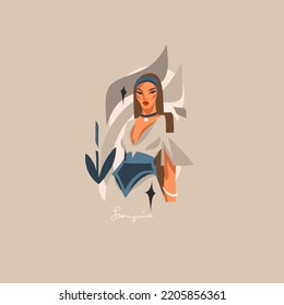 Hand drawn vector abstract graphic astrology illustration with modern,artistic contemporary print template of boho zodiac sign Scorpio.Zodiac female character design.Fashion magic symbol concept.
