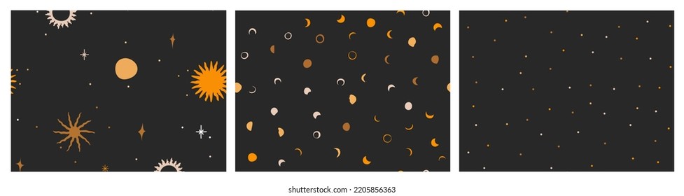 Hand drawn vector abstract graphic illustration seamless pattern collection set with magic astrology celestial golden moon phases,sun and star,contemporary mystic and simple collage shape.Moon design.