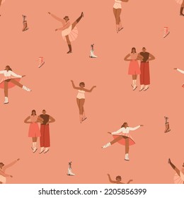 Hand drawn vector abstract graphic Merry Christmas and Happy new year illustration figure ice skating people seamless pattern.Christmas cute design background concept.Modern creative greeting card.