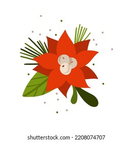 Hand drawn vector abstract graphic Merry Christmas and Happy new year clipart illustrations greeting card with flowers and leaves.Merry Christmas cute floral card design background.Winter holiday art.