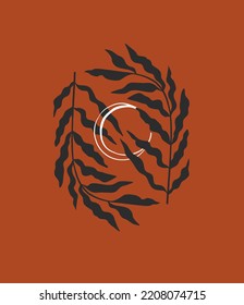 Hand drawn vector abstract graphic sketch drawing illustrations print design,concept contemporary art set with decorative floral leaves and crescent moon silhouettes art in simple style for branding.