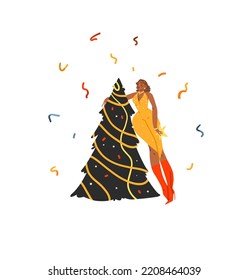 Hand drawn vector abstract graphic Merry Christmas and Happy new year illustration of female with xmas tree.Celebrating people cards set.Merry Christmas people card design.Holiday art collection.