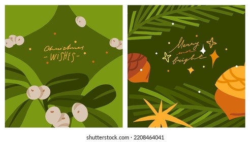 Hand drawn vector abstract graphic Merry Christmas and Happy new year clipart illustrations greeting card set with flowers and leaves.Merry Christmas cute floral design background.Winter holiday art.