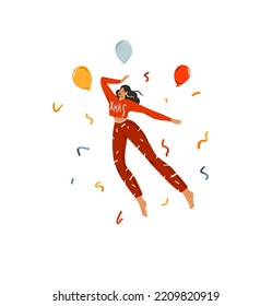 Gráfica abstracta de vector dibujada a mano Feliz Navidad y Feliz año nuevo ilustración de hembra con árbol de navidad. Celebración del juego de cartas de la gente. Feliz diseño de tarjetas de Navidad. Colección de arte de vacaciones.