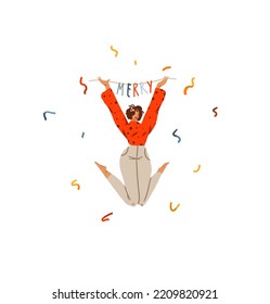 Hand drawn vector abstract graphic Merry Christmas and Happy new year illustration of female with xmas tree.Celebrating people cards set.Merry Christmas people card design.Holiday art collection.