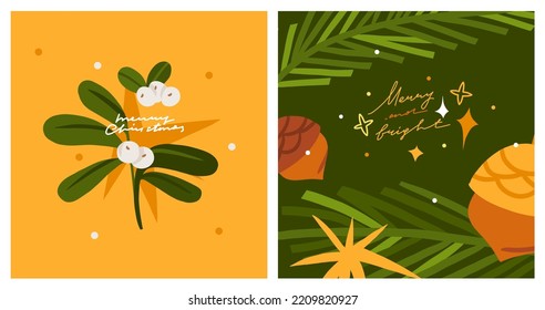 Gráfica abstracta de vector dibujada a mano Feliz Navidad y Feliz año nuevo ilustraciones de clipart de felicitación conjunto de tarjetas con flores y hojas. Feliz Navidad lindo diseño floral fondo.Arte de vacaciones de invierno.