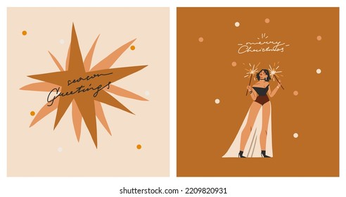 Hand drawn vector abstract graphic Merry Christmas and Happy new year illustration of female with sparklers.Celebrating people cards set.Merry Christmas people card design.Holiday art collection.