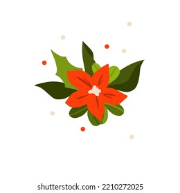 Hand drawn vector abstract graphic Merry Christmas and Happy new year clipart illustrations greeting card with flowers and leaves.Merry Christmas cute floral card design background.Winter holiday art.