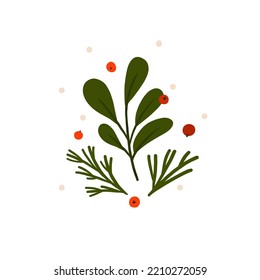 Hand drawn vector abstract graphic Merry Christmas and Happy new year clipart illustrations greeting card with flowers and leaves.Merry Christmas cute floral card design background.Winter holiday art.