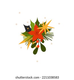 Hand drawn vector abstract graphic Merry Christmas and Happy new year clipart illustrations greeting card with flowers and leaves.Merry Christmas cute floral card design background.Winter holiday art.