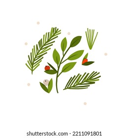 Gráfica abstracta de vector dibujada a mano Feliz Navidad y Feliz año nuevo ilustraciones de clipart tarjetas de felicitación con flores y hojas. Feliz Navidad lindo diseño de tarjeta floral.Arte de vacaciones de invierno.