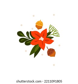 Hand drawn vector abstract graphic Merry Christmas and Happy new year clipart illustrations greeting card with flowers and leaves.Merry Christmas cute floral card design background.Winter holiday art.