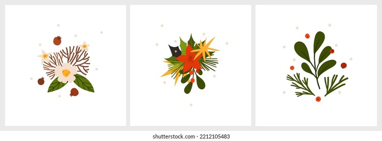 Hand drawn vector abstract graphic Merry Christmas and Happy new year clipart illustrations greeting card set with flowers and leaves.Merry Christmas cute floral design background.Winter holiday art.