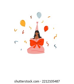 Hand drawn vector abstract graphic Merry Christmas and Happy new year illustration of happy female celebration xmas.Celebrating people cards set.Merry Christmas people card design.Holiday collection.