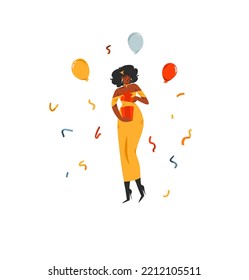 Hand drawn vector abstract graphic Merry Christmas and Happy new year illustration of happy female celebration xmas.Celebrating people cards set.Merry Christmas people card design.Holiday collection.