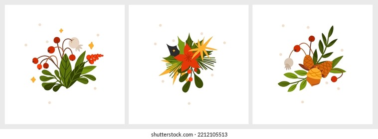 Hand drawn vector abstract graphic Merry Christmas and Happy new year clipart illustrations greeting card set with flowers and leaves.Merry Christmas cute floral design background.Winter holiday art.