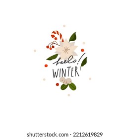 Hand drawn vector abstract graphic Merry Christmas and Happy new year clipart illustrations greeting card with flowers and Lettering.Merry Christmas cute floral card design background.Winter holiday.