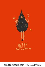 Hand drawn vector abstract graphic Merry Christmas and Happy new year illustration of happy people celebration xmas.Celebrating people cards set.Merry Christmas people card design.Holiday collection.