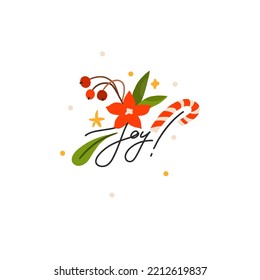 Gráfica abstracta de vector dibujada a mano Feliz Navidad y Feliz año nuevo ilustraciones de clipart tarjetas de felicitación con flores y letras. Feliz Navidad lindo diseño de tarjeta floral fondo.Vacaciones de invierno.