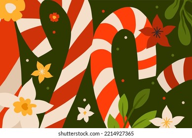 Handgezeichnete Vektorgrafik Fröhliche Weihnachten und Fröhliche neue Jahr Clipart Kunst Illustrationen Grußkarte mit Blumen und Blättern.Fröhliche Weihnachten süße Blumenkarte Design Hintergrund.Winter Feiertage Kunst.