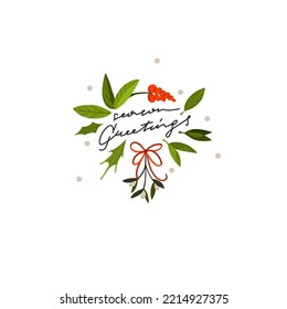 Hand drawn vector abstract graphic Merry Christmas and Happy new year clipart illustrations greeting card with flowers and Lettering.Merry Christmas cute floral card design background.Winter holiday.