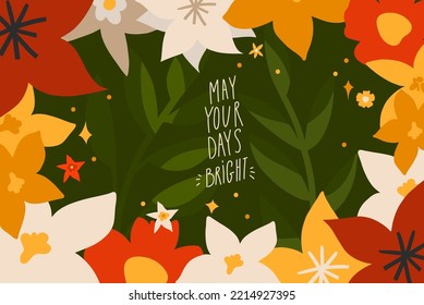 Hand drawn vector abstract graphic Merry Christmas and Happy new year clipart illustrations greeting card with flowers and leaves.Merry Christmas cute floral card design background.Winter holiday art.