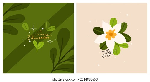 Hand drawn vector abstract graphic Merry Christmas and Happy new year clipart illustrations greeting card set with flowers and leaves.Merry Christmas cute floral design background.Winter holiday art.