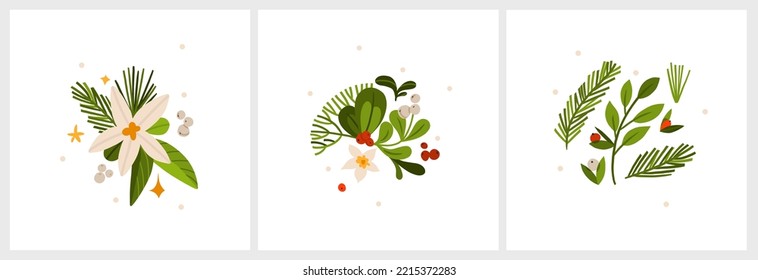 Hand drawn vector abstract graphic Merry Christmas and Happy new year clipart illustrations greeting card set with flowers and leaves.Merry Christmas cute floral design background.Winter holiday art.