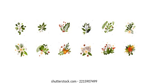 Hand drawn vector abstract graphic Merry Christmas and Happy new year clipart illustrations greeting card set with flowers and leaves.Merry Christmas cute floral design background.Winter holiday art.