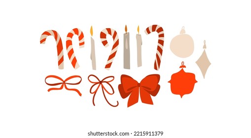 Hand drawn vector abstract graphic Merry Christmas and Happy new year clipart illustrations of cute xmas candy cane collection set isolated.Merry Christmas floral design background.Winter holiday art.
