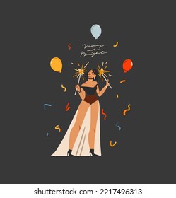 Hand drawn vector abstract graphic Merry Christmas and Happy new year illustration of people characters.People in costumes cards set.Merry Christmas people card design.Winter holiday art collection.