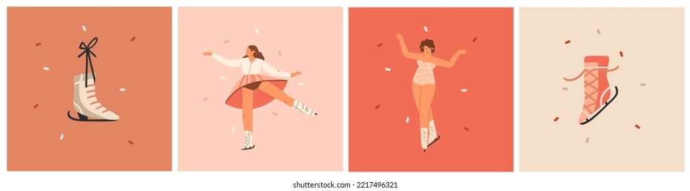 Hand drawn vector abstract graphic Merry Christmas and Happy new year illustration figure ice skating people.Christmas cute design background.Winter holiday art concept.Modern creative greeting card.