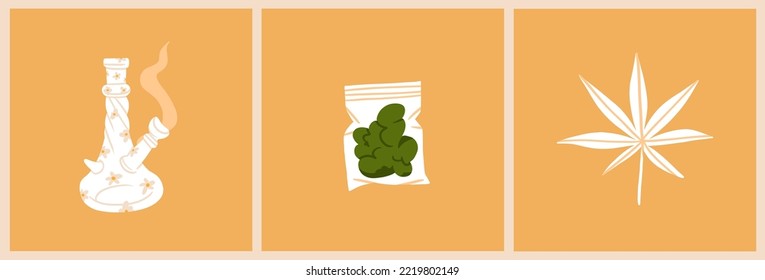 Dibujo a mano vectorial abstracto clip gráfico ilustrativo de marihuana médica, accesorios para fumar. Vidrio bong para fumar hierba.Cannabis y diseño de concepto de legalización de malezas.Ilustración vectorial de moda.