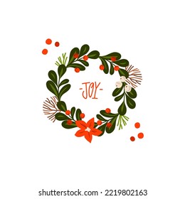 Handgezeichnete Vektorgrafik Fröhliche Weihnachten und Fröhliche neue Jahr Clipart Kunst Illustrationen Grußkarte mit Blumen und Blättern.Fröhliche Weihnachten süße Blumenkarte Design Hintergrund.Winter Feiertage Kunst.